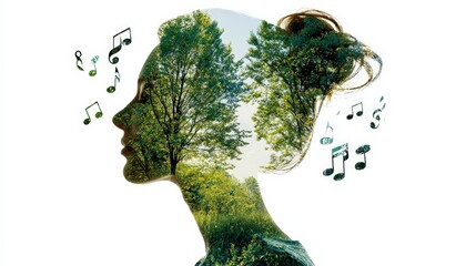 A silhouette of a woman with a double exposure of trees and musical notes, symbolizing the connection between nature and music.