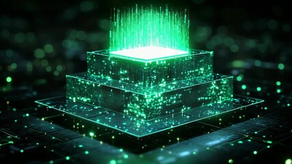 A glowing green digital structure resembling a pyramid emerges with bright data streams, symbolizing technology, artificial intelligence, quantum computing, big data, futuristic digital innovations. - Powered by Adobe