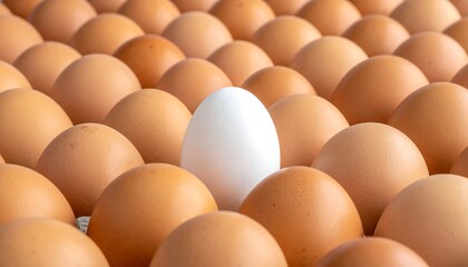 Single white egg amidst a cluster of brown eggs