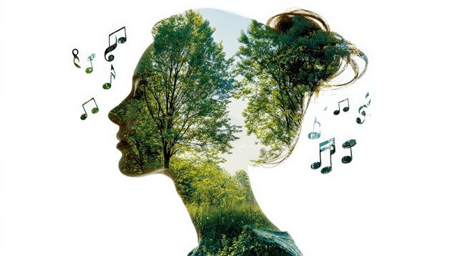 A silhouette of a woman with a double exposure of trees and musical notes, symbolizing the connection between nature and music. - Powered by Adobe