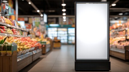Blank Retail Signage Mockup Inside Supermarket Featuring Grocery Produce and Aisle Background for Advertising