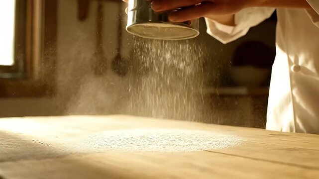 chef sifting flour onto wooden kitchen table