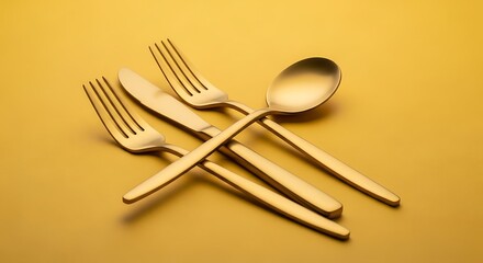 Elegant golden cutlery set including forks, knife, and spoon, arranged on a warm yellow background.