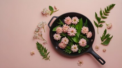 Creative concept with spring flowers and green leaves in frying pan on pastel pink background. MInimal nature flat lay.
