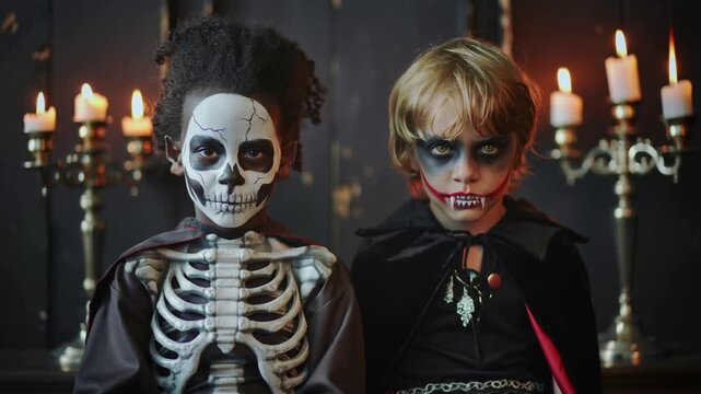 Dos niños  disfrazados de esqueleto y vampiro para halloween