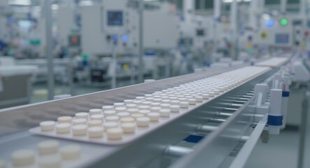 Fototapeta premium Pharmaceutical Production Line Conveyor Belt with White Pills