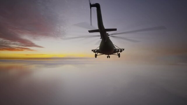 Military Transport Helicopter Flying Low Over Water At Sunset Or Sunrise