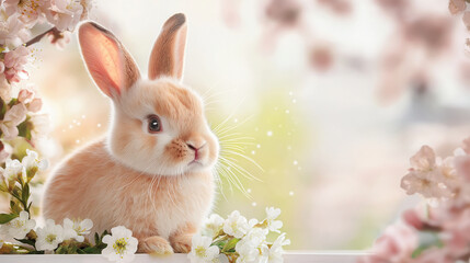 Cute baby rabbit with soft fur sitting among blooming cherry blossoms, gentle spring sunlight, dreamy and peaceful atmosphere, delicate flowers and pastel colors enhance adorable scene
