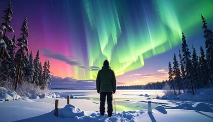 A solitary figure gazing at a vibrant aurora borealis over a frozen lake