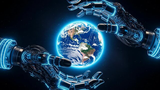 Robotic hands gently cradle glowing Earth in dynamic space video sequence, futuristic tech