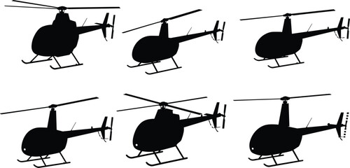 Helicopter silhouette, black rotorcraft, aviation vehicle, air transport, chopper design, flying helicopter, isolated aircraft, aviation graphic, shadow helicopter, rotor aircraft illustration. © Sakib World
