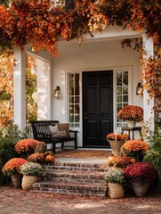 Fototapeta premium Front door and porch decorated with colorful fall leaves and seasonal autumn decor, warm welcoming entrance with pumpkins, wreath and natural foliage, cozy festive atmosphere for harvest season