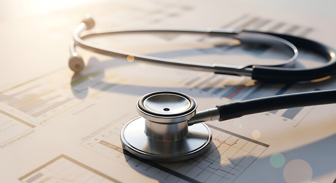 A close-up shot of a stethoscope resting on financial documents, symbolizing healthcare and financial analysis.