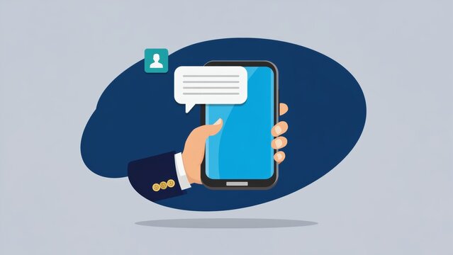 Modern flat design illustration of a hand holding a smartphone with a chat message bubble, symbolizing mobile communication, instant messaging, online conversations, and digital social networking.