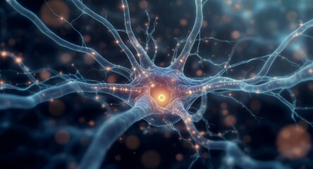 A Neuron cell with glowing light transmission.