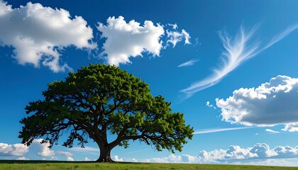 Obraz premium A majestic, lush, green tree stands alone in a field against a vibrant blue sky dotted with fluffy white clouds, a scene of tranquility