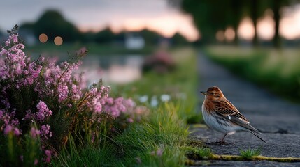 Sparrow Perched on Wood Path amidst Wildflower Field at Dusk Warm Light