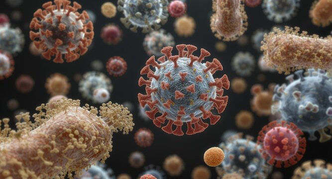 Microscopic view of a virus, conceptual image of a disease, healthcare, medical science.