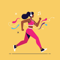 Minimalist Vector Illustration of Woman Running with Headphones in Vibrant Pink and Blue Colors in Modern Style