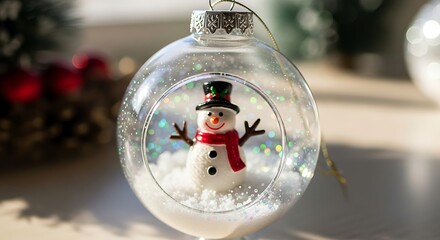 Festive holiday decoration featuring a cute snowman inside a transparent glass ornament ball filled with sparkling snow