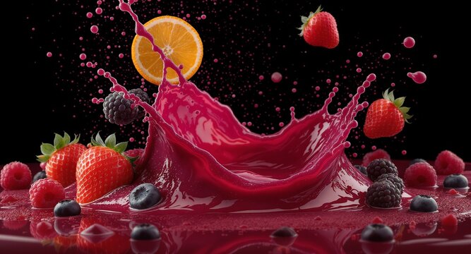 A splash of fresh fruit and juice against a black background. - Powered by Adobe
