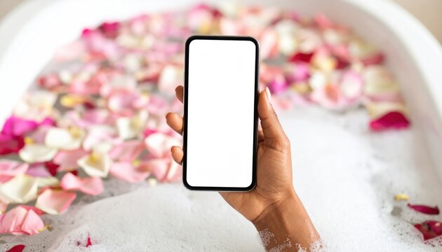 Woman holding smartphone in bath with rose petals.