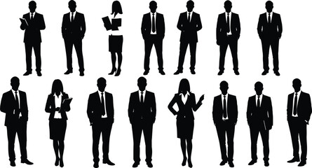 Silhouette illustration of business people in formal suits, teamwork and corporate professionals, men and women group vector, office staff isolated design
