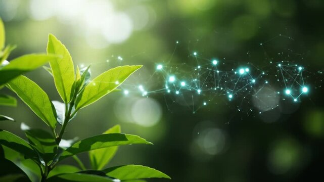 Vibrant green leaves unfurl beneath a glowing digital network, symbolizing growth and innovation in nature and technology