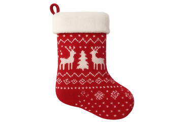Red knitted christmas stocking presenting classic reindeer and tree patterns for holiday season decoration