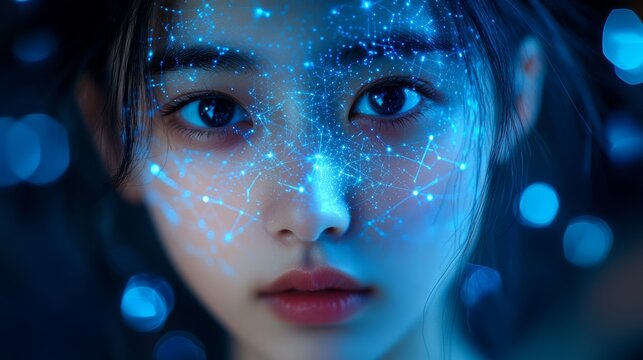 Futuristic portrait young Asian Korean woman, glowing digital blue neural network, girl face, biometrics, artificial intelligence, cyber identity, technology, data analysis, virtual visualization