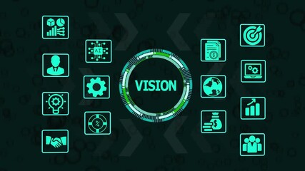 Glowing digital vision interface with business process icons, workflow automation, production planning, and supply chain strategy. - Powered by Adobe