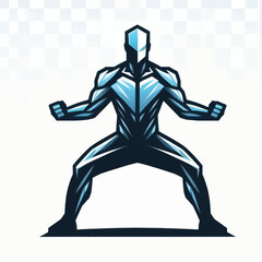 Futuristic superhero in dynamic pose with powerful stance and determined expression.