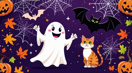 Halloween Fantasy: An imaginative scene unfolds with a cartoonish ghost, grinning cheerfully, a sleek bat with glowing eyes, a curious cat, pumpkins, and spiderwebs.