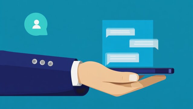 Flat mobile phone illustration of businessman hand holding smartphone with chat bubbles, communication, technology, messaging, connection, business networking, modern apps, global digital interaction.