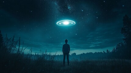 Obraz premium Lone figure standing under the night sky, gazing at a glowing unidentified flying object hovering in the distance, mystery, extraterrestrial presence, cosmic exploration, human curiosity beyond Earth.