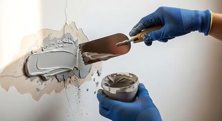 Hand patching a hole in a wall with spackle and a trowel.