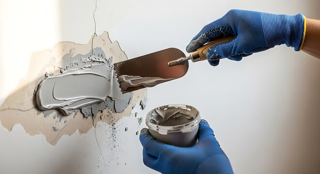 Hand patching a hole in a wall with spackle and a trowel.