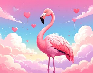Fototapeta premium Pink flamingo standing amidst pastel clouds and hearts