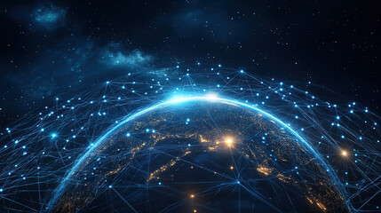 A glowing, translucent Earth model at the center, intricately connected by pulsating lines of light representing global data flow, on a dark blue cosmic background. Concept of international business, 