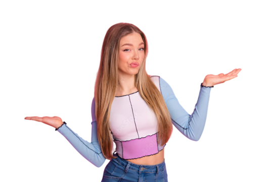 Young woman shrugging with arms outstretched isolated on transparent background - Powered by Adobe