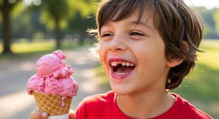 Happy boy enjoys ice cream on sunny day.