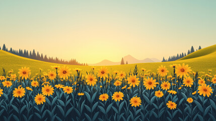 Sunrise meadow with flowers