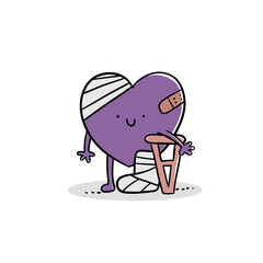 Vector illustration of a cute purple heart character with bandages, band-aid, and using a crutch