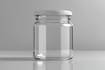 Empty transparent glass jar with white lid and subtle reflection on a light surface
