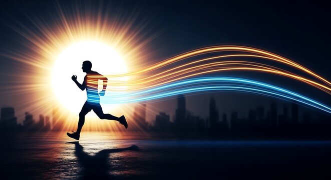 High speed runner with glowing energy trails against a city skyline at night.