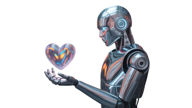 Advanced Futuristic Robot Holding a Glowing Digital Heart in its Metallic Hand
