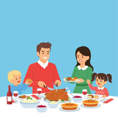 Family enjoying a Thanksgiving dinner together, with the father serving turkey and the mother holding a plate of food.