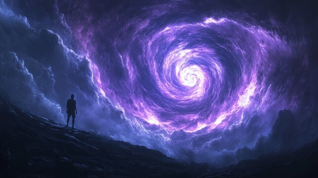 Mysterious silhouette of a person standing on rocky terrain beneath a vast cosmic spiral glowing in purple light, surreal fantasy, infinite space, cosmic wonder, and the search for universal truths. - Powered by Adobe