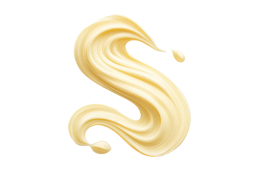 Creamy, flowing, light yellow substance forming a stylized letter "S
