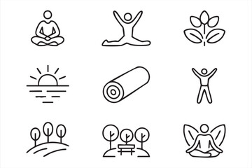 Outline vector yoga icons showing meditation, harmony, and holistic health lifestyle practices